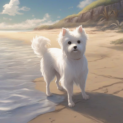 Anime Generator:A small, fluffy white dog is standing on the ocean's sandy shore.