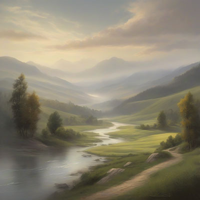 Anime Generator:A serene landscape of rolling hills and winding rivers, with misty peaks rising in the distance.